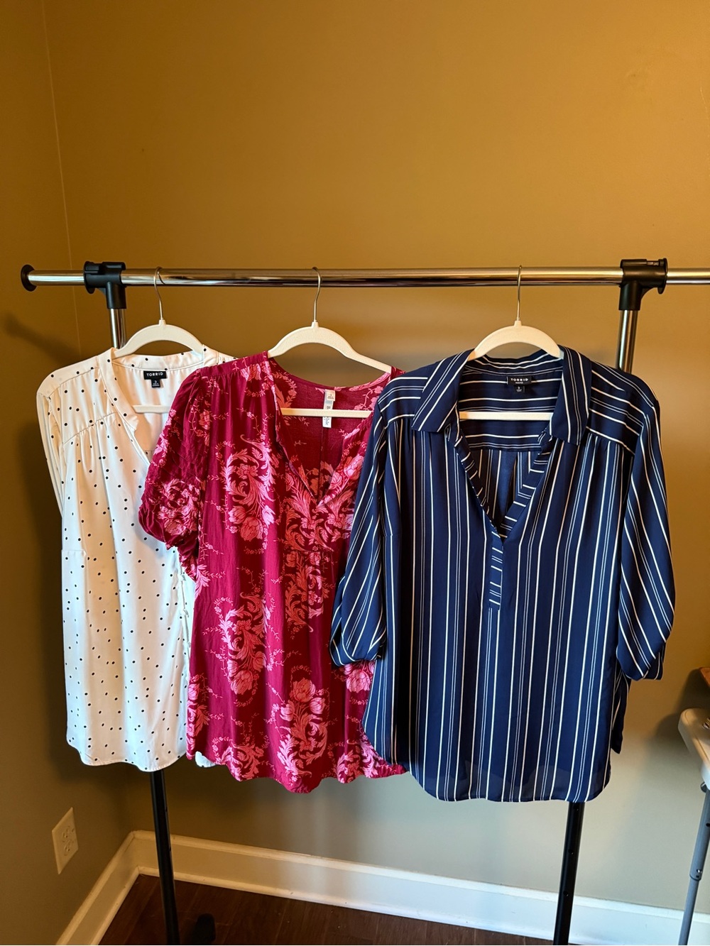 Work Blouse Trio by Torrid (Size 3) 3X - Navy Strip, Magenta Floral, White Polka
